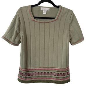 Casual Corner Green/Pink Sweater Knit ShortSleeve Square Neckline Grandma Core-L